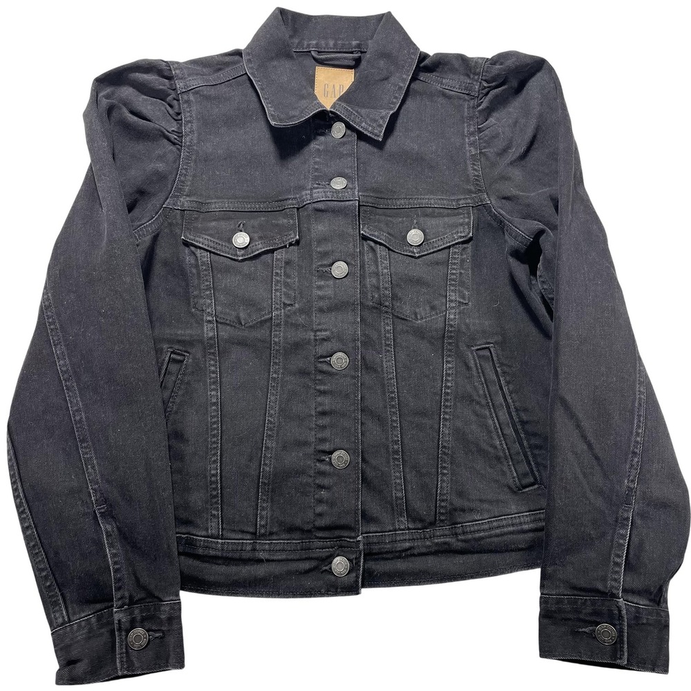 Gap Jacket Womens Medium Black Puff Sleeve Denim Button Front Short Trucker